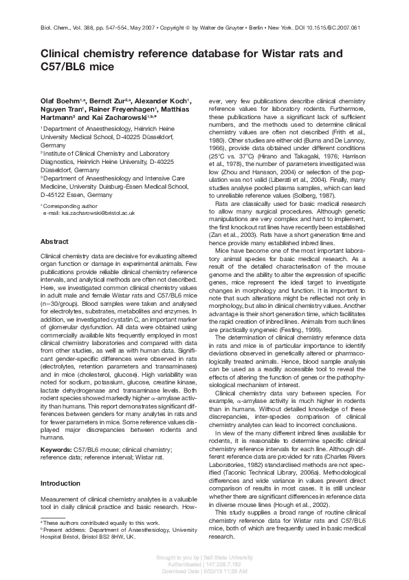 (PDF) Clinical chemistry reference database for Wistar rats and C57/BL6 ...