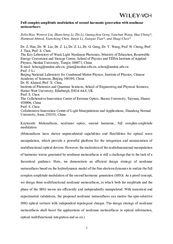 (PDF) Full Complex‐Amplitude Modulation of Second Harmonic Generation ...