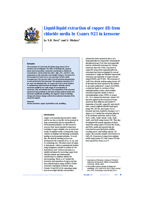 (PDF) Liquid-liquid extraction of copper (II) from chloride media by ...