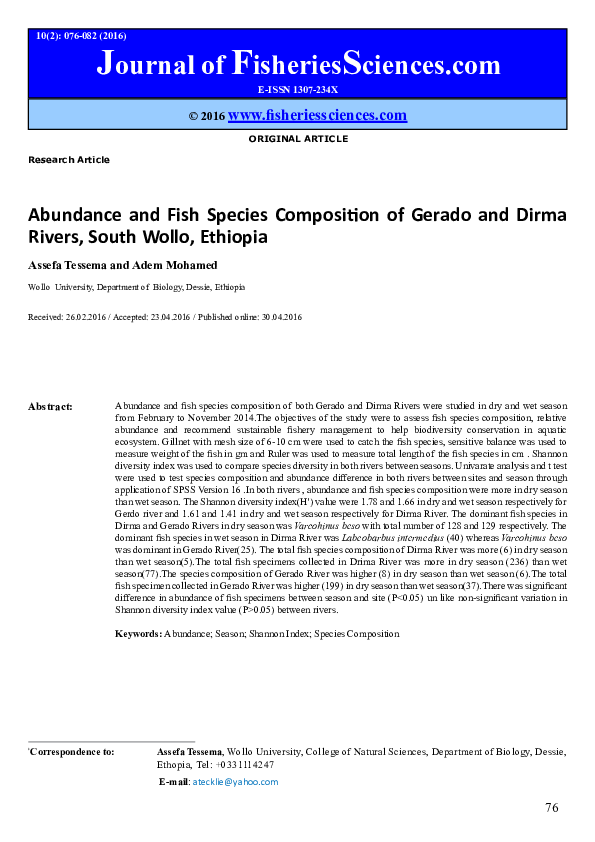 (PDF) Abundance and fish species composition of Gerado and Dirma Rivers ...