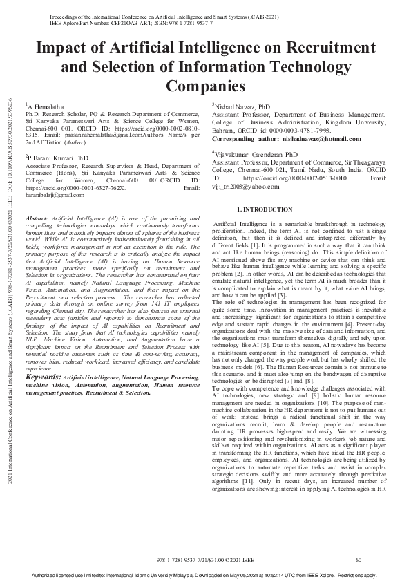(PDF) Impact of Artificial Intelligence on Recruitment and Selection of ...