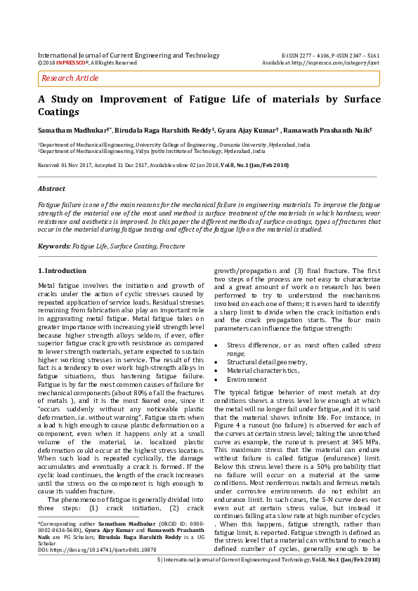 (PDF) A Study on Improvement of Fatigue Life of materials by Surface