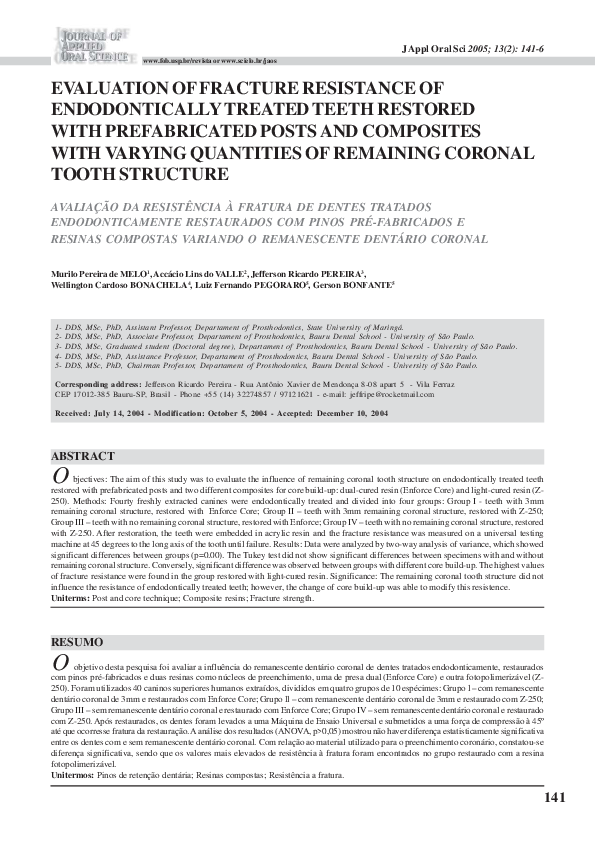 (PDF) Evaluation of fracture resistance of endodontically treated teeth ...