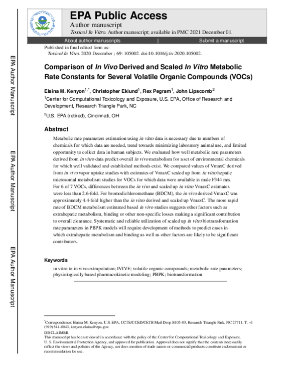 (PDF) Comparison of in vivo derived and scaled in vitro metabolic rate ...