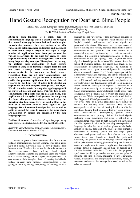 (PDF) Hand Gesture Recognition for Deaf and Blind People