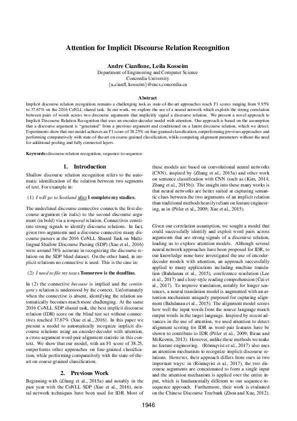 (PDF) Attention for Implicit Discourse Relation Recognition