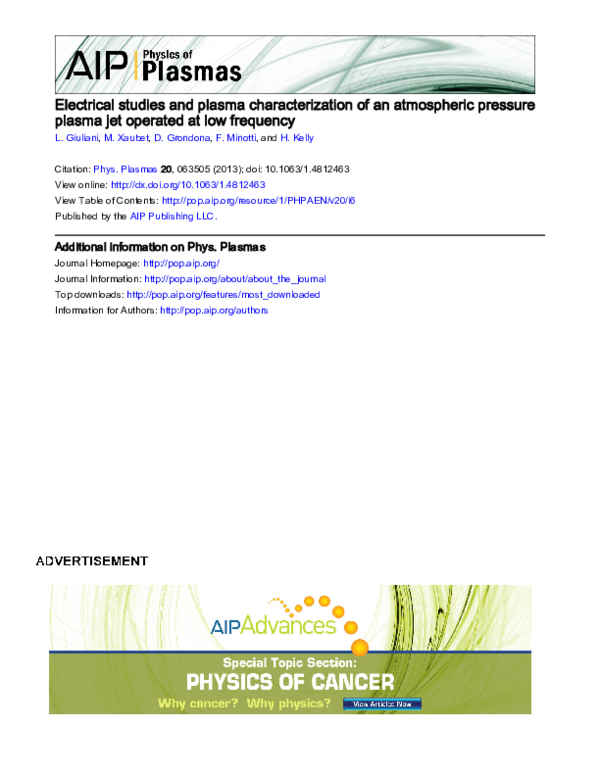 (PDF) Electrical studies and plasma characterization of an atmospheric ...