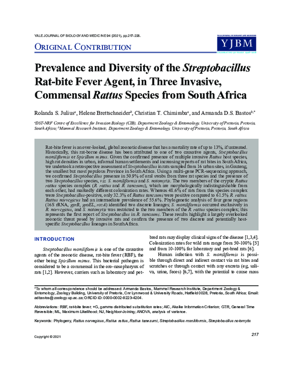 (PDF) Prevalence and Diversity of the Streptobacillus Rat-bite Fever ...