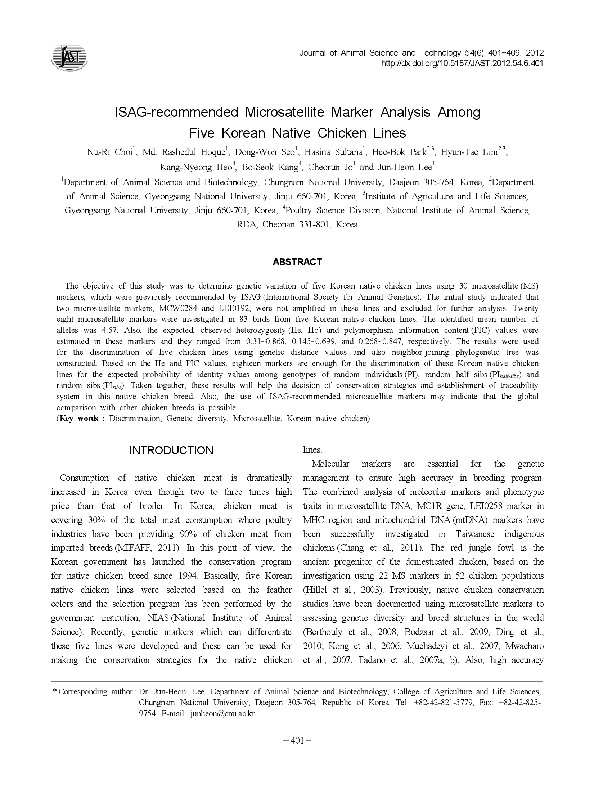(PDF) ISAG-recommended Microsatellite Marker Analysis Among Five Korean ...