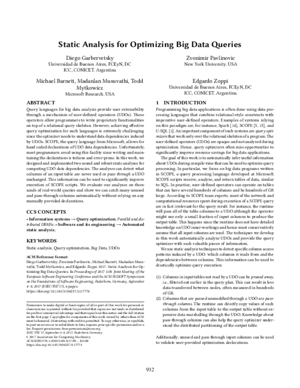 (PDF) Static analysis for optimizing big data queries