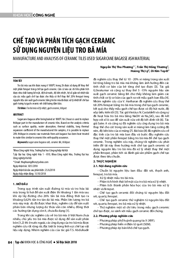 (PDF) Manufacture and Analysis of Ceramic Tiles Used Sugar Cane Bagasse ...