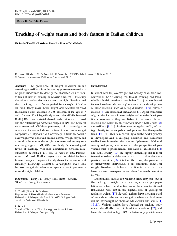 (PDF) Tracking of weight status and body fatness in Italian children
