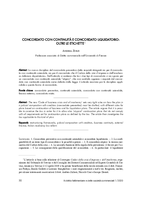 (PDF) Concordato con continuità e concordato liquidatorio: oltre le ...