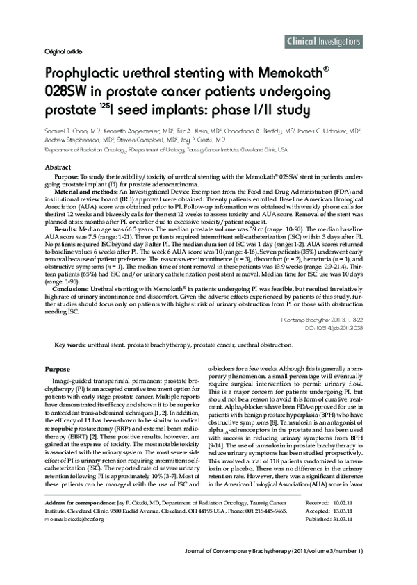 (PDF) Clinical Investigations Prophylactic urethral stenting with ...