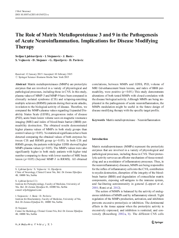(PDF) The Role of Matrix Metalloproteinase 3 and 9 in the Pathogenesis ...