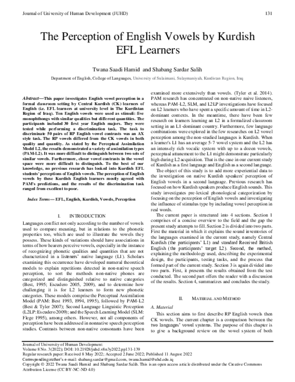 (PDF) The Perception of English Vowels by Kurdish EFL Learners