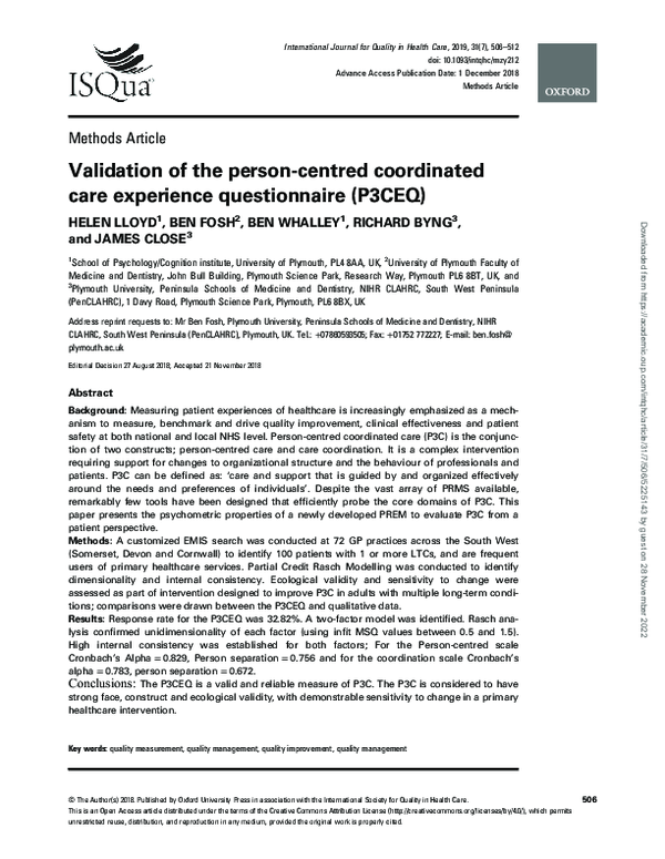 (PDF) Validation of the person-centred coordinated care experience ...
