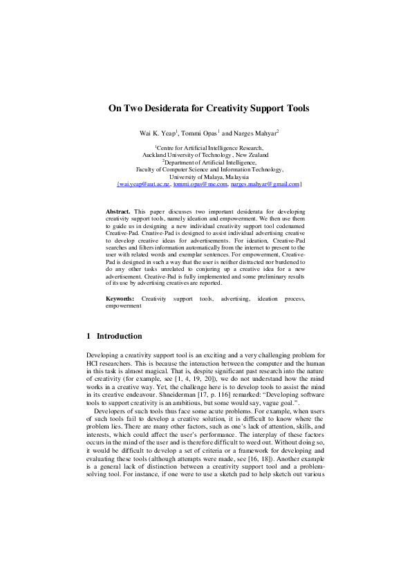 (PDF) On Two Desiderata for Creativity Support Tools