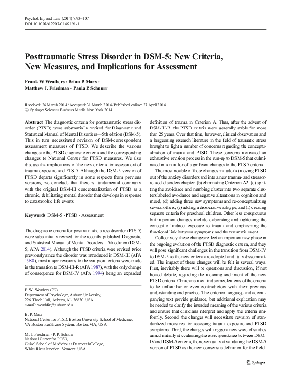 (PDF) Posttraumatic Stress Disorder in DSM-5: New Criteria, New ...