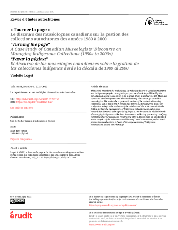 (PDF) 'Tourner la page' Le discours des muséologues canadiens sur la ...