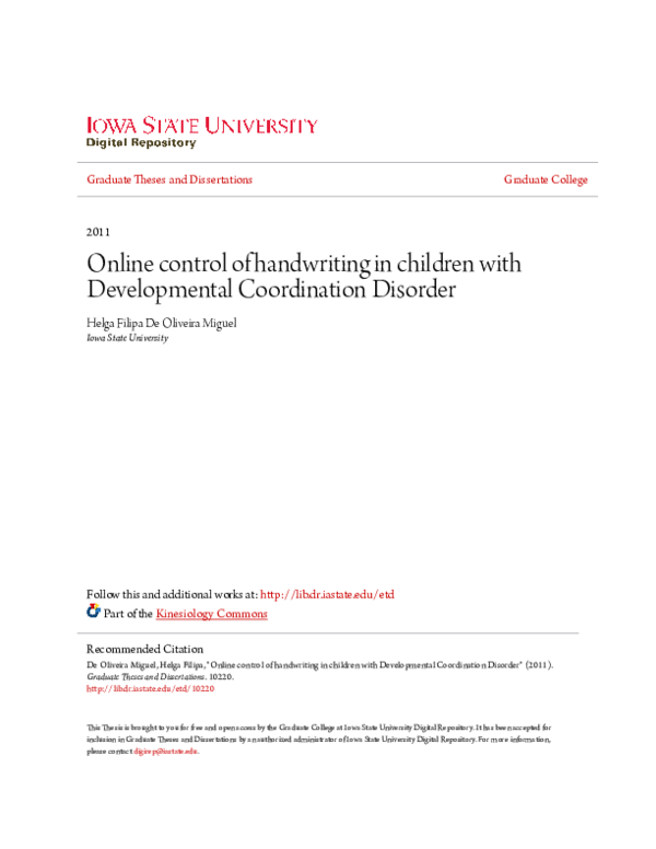 (PDF) Online control of handwriting in children with Developmental ...