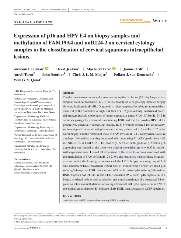 (PDF) Expression of p16 and HPV E4 on biopsy samples and methylation of ...
