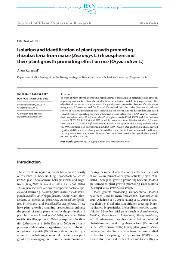 (PDF) Isolation and identification of a plant growth promotive ...