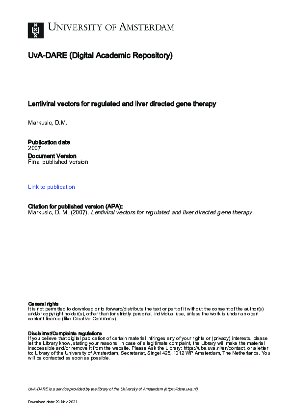 (PDF) Lentiviral vectors for regulated and liver directed gene therapy