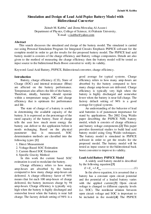 (PDF) Simulation and Design of Lead Acid Pspice Battery Model with ...