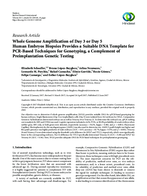 (PDF) Whole Genome Amplification of Day 3 or Day 5 Human Embryos ...
