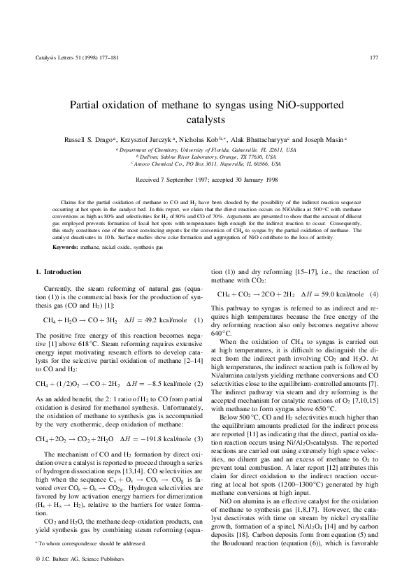 (PDF) Partial oxidation of methane to syngas using NiO‐supported catalysts