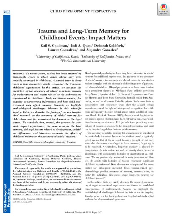 (PDF) Trauma and Long‐Term Memory for Childhood Events: Impact Matters