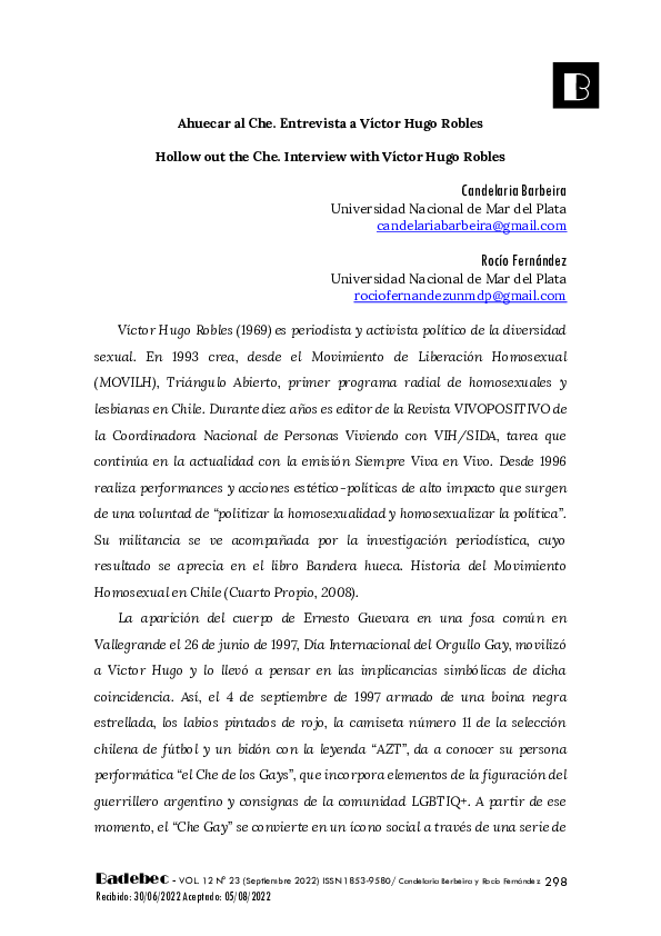 (PDF) Ahuecar al Che. Entrevista a Víctor Hugo Robles