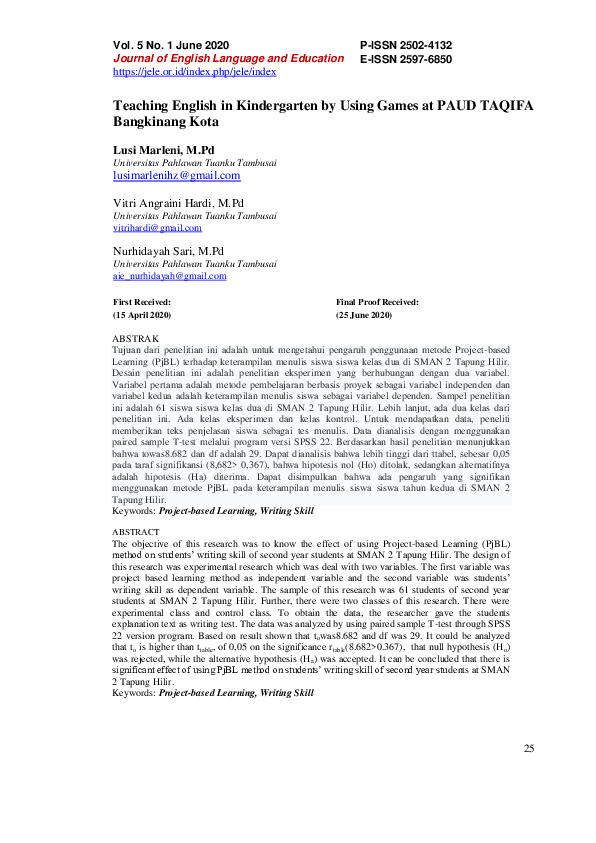 (PDF) Teaching English in Kindergarten by Using Games at PAUD TAQIFA