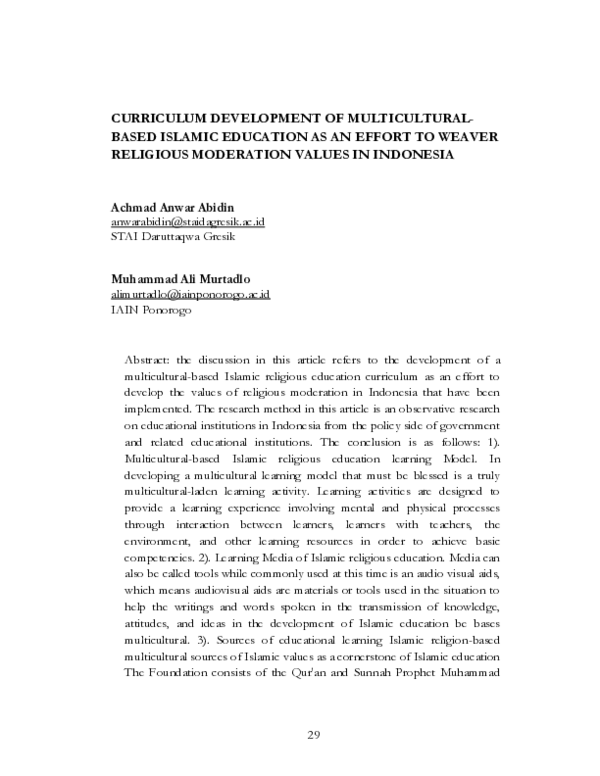(PDF) Curriculum Development of Multicultural-Based Islamic Education ...