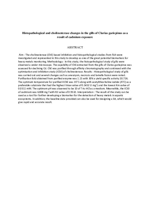 (PDF) Histopathological and cholinesterase changes in the gills of ...