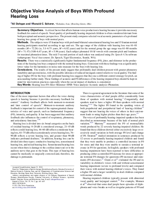 (PDF) Objective Voice Analysis of Boys With Profound Hearing Loss
