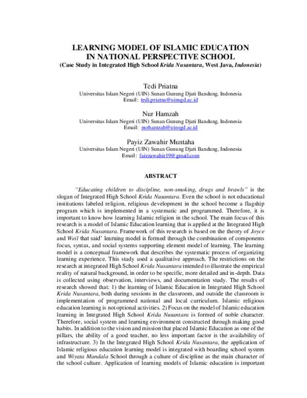 (PDF) Learning Model of Islamic Education in National Perspective ...