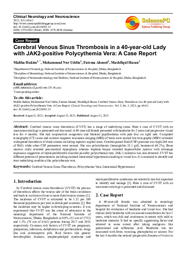 (PDF) Cerebral Venous Sinus Thrombosis in a 40-year-old Lady with JAK2 ...