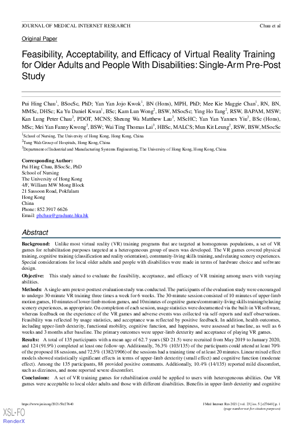 (PDF) Feasibility, Acceptability, and Efficacy of Virtual Reality ...