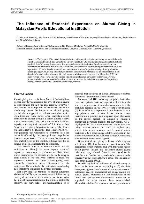(PDF) The Influence of Students’ Experience on Alumni Giving in ...