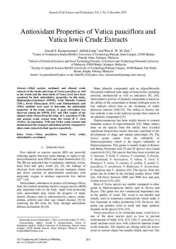 (PDF) Antioxidant Properties of Vatica pauciflora and Vatica lowii ...