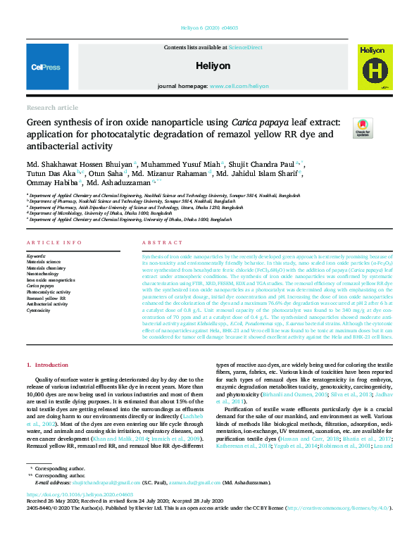 (PDF) Green synthesis of iron oxide nanoparticle using Carica papaya