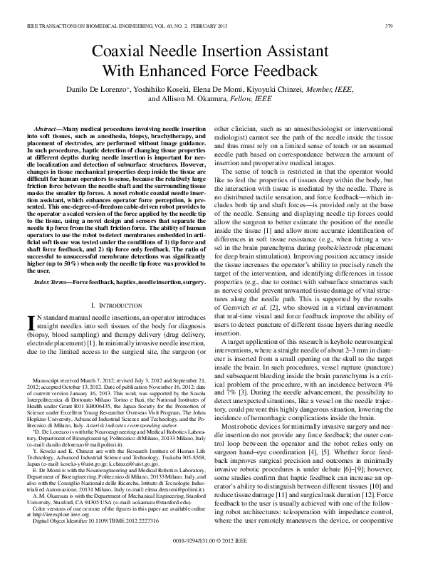 (PDF) Coaxial Needle Insertion Assistant With Enhanced Force Feedback