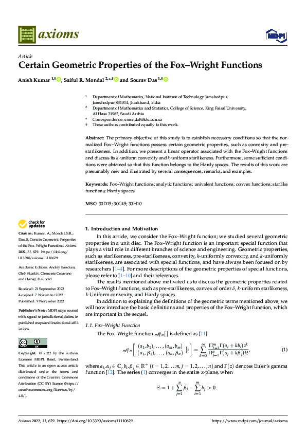 (PDF) Certain Geometric Properties of the Fox–Wright Functions