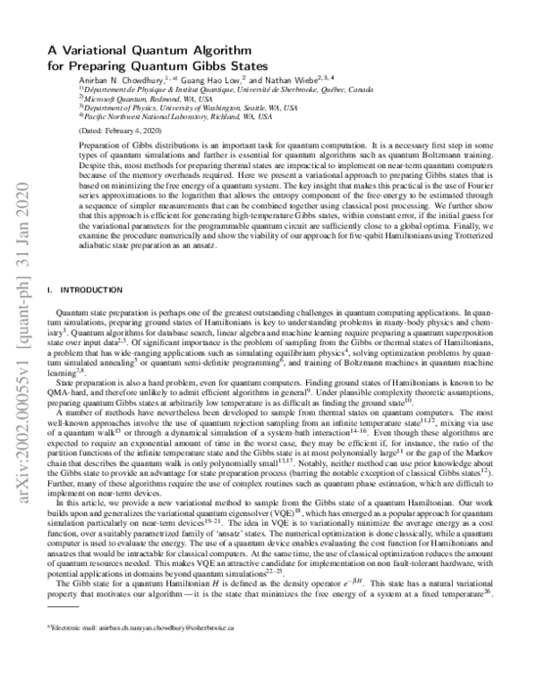 (PDF) A Variational Quantum Algorithm for Preparing Quantum Gibbs States