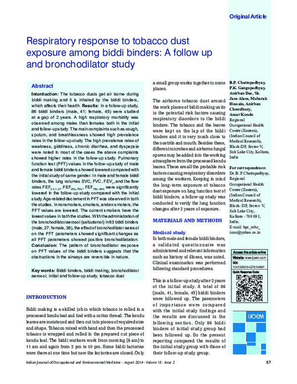 (PDF) Respiratory response to tobacco dust exposure among biddi binders ...