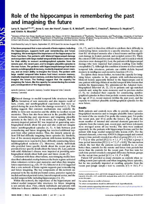 (PDF) Role of the hippocampus in remembering the past and imagining the ...