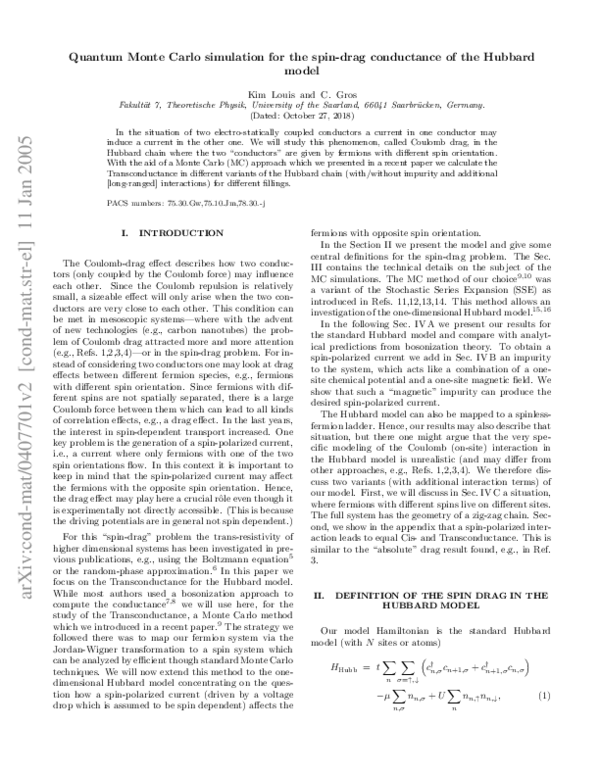 (PDF) Quantum Monte Carlo simulation for the spin-drag conductance of ...