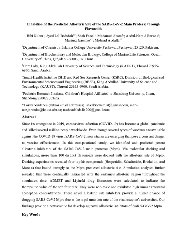 (DOC) Inhibition of the predicted allosteric site of the SARS-CoV-2 ...